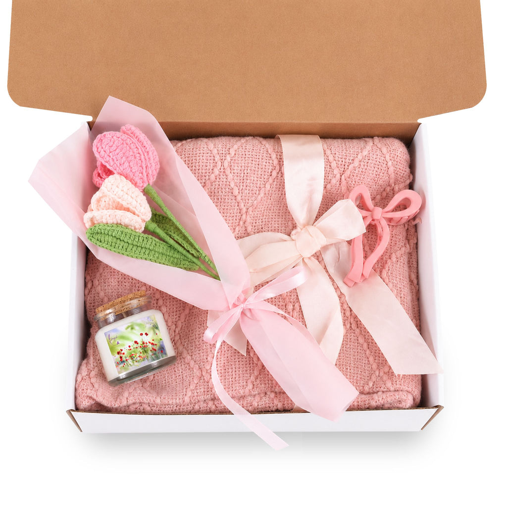 Blush & Bloom Gift Set — Candle, Cozy Throw, Crochet Bouquet & Bow Clip