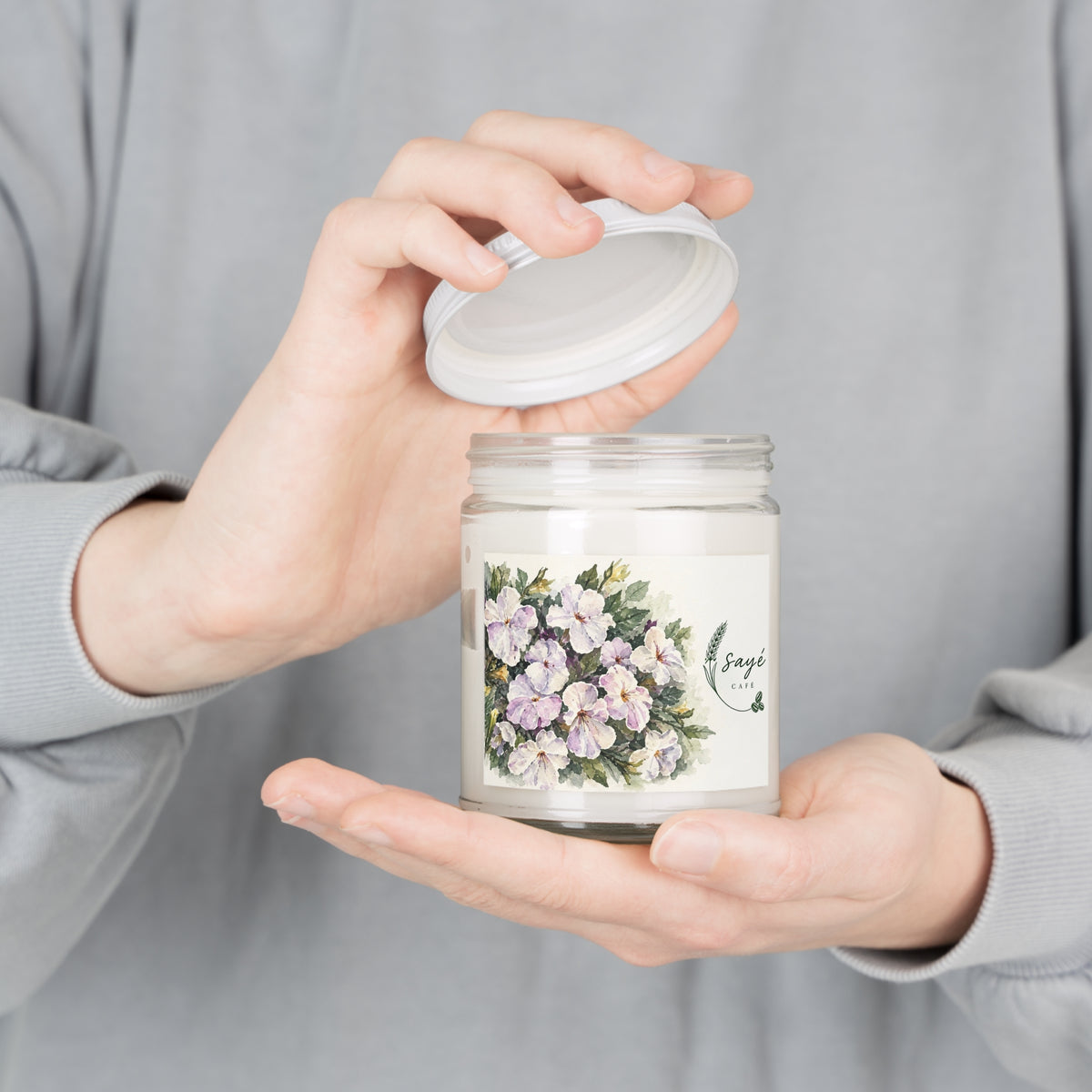 Floral Soy Candle 9oz — White Lid, Hand-Poured Scented Candle (Saye Cafe Label)