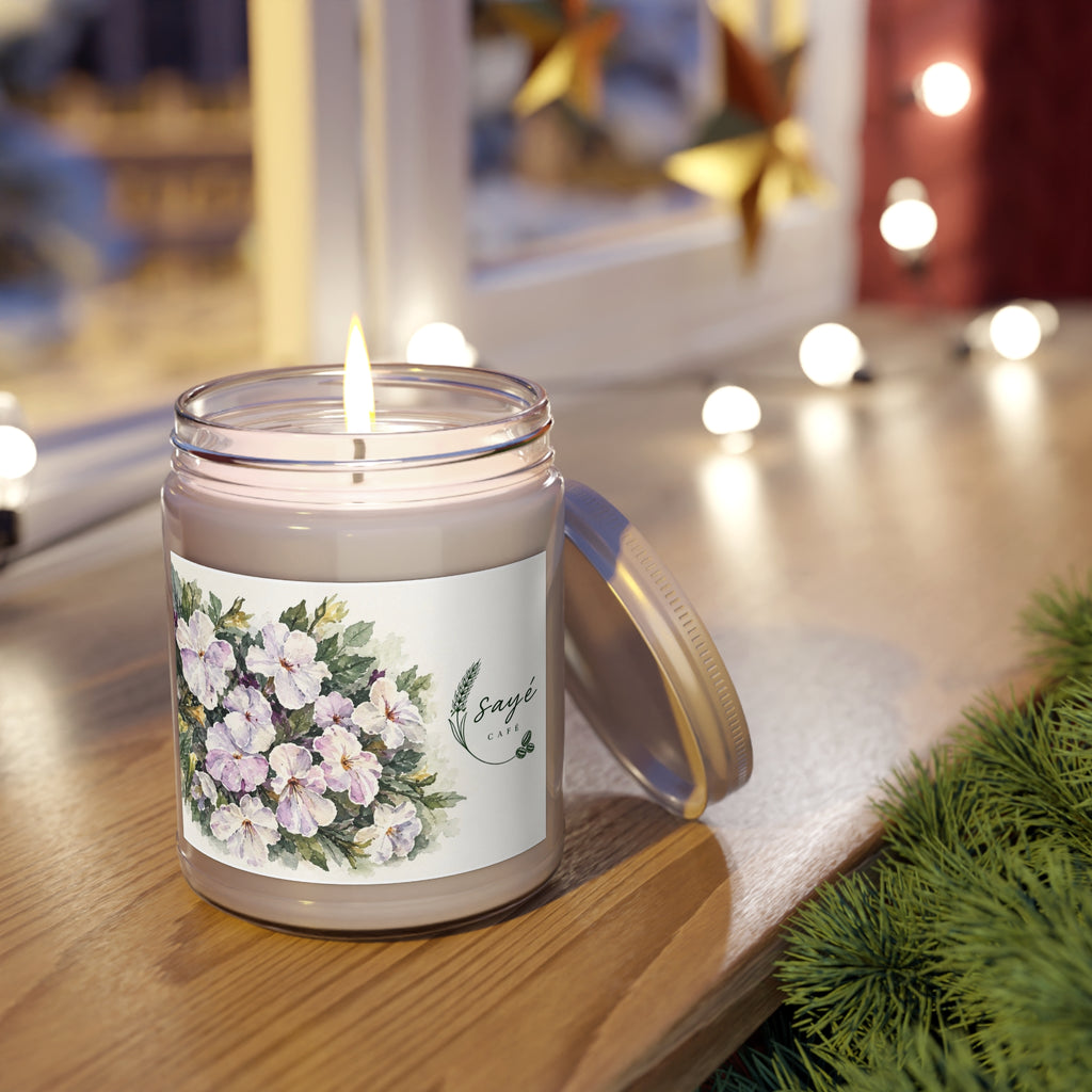 Floral Soy Candle 9oz — White Lid, Hand-Poured Scented Candle (Saye Cafe Label)