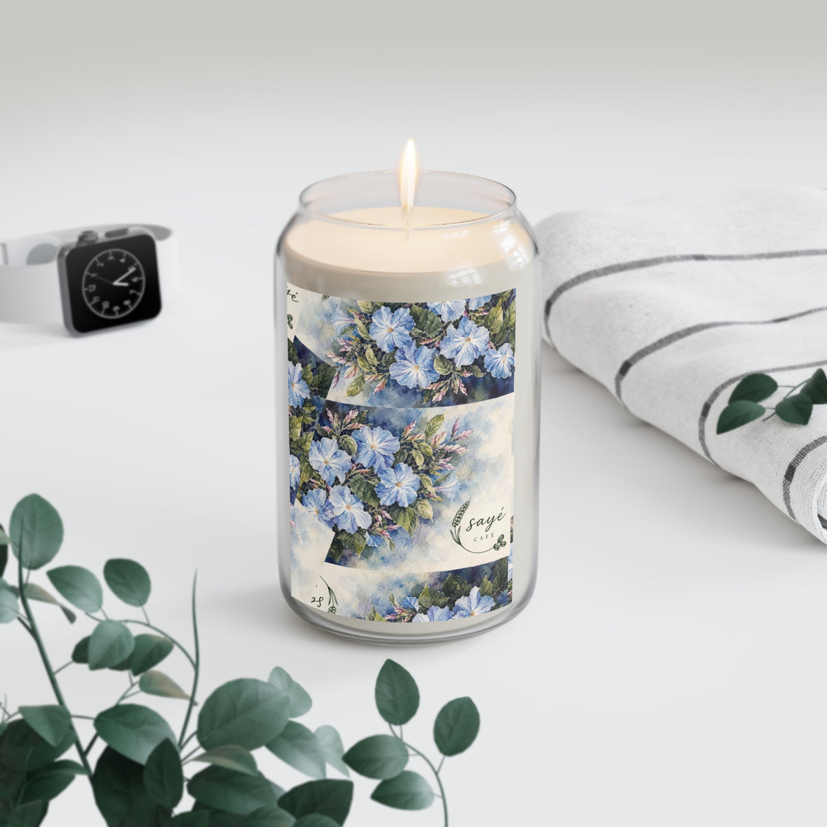Blue Floral Soy Candle 13.75oz – Scented Jar Candle with Hand-Painted Blossoms