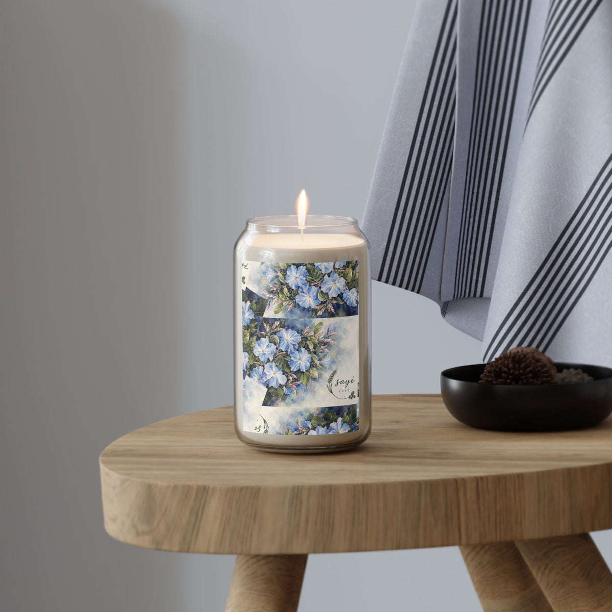 Blue Floral Soy Candle 13.75oz – Scented Jar Candle with Hand-Painted Blossoms