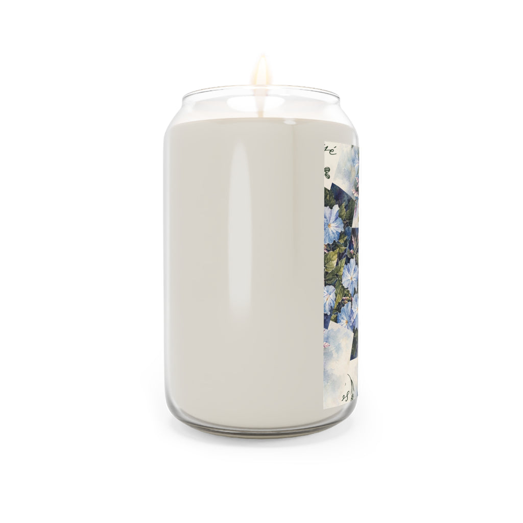 Blue Floral Soy Candle 13.75oz – Scented Jar Candle with Hand-Painted Blossoms