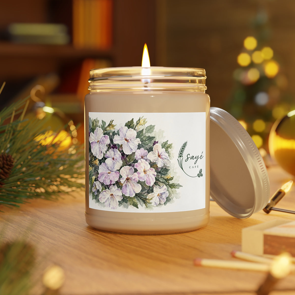 Floral Soy Candle 9oz — White Lid, Hand-Poured Scented Candle (Saye Cafe Label)