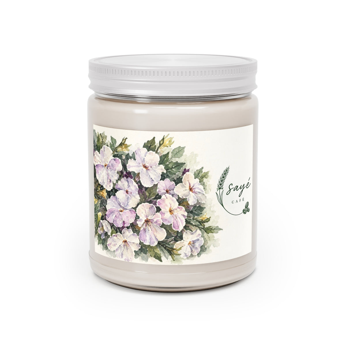 Floral Soy Candle 9oz — White Lid, Hand-Poured Scented Candle (Saye Cafe Label)
