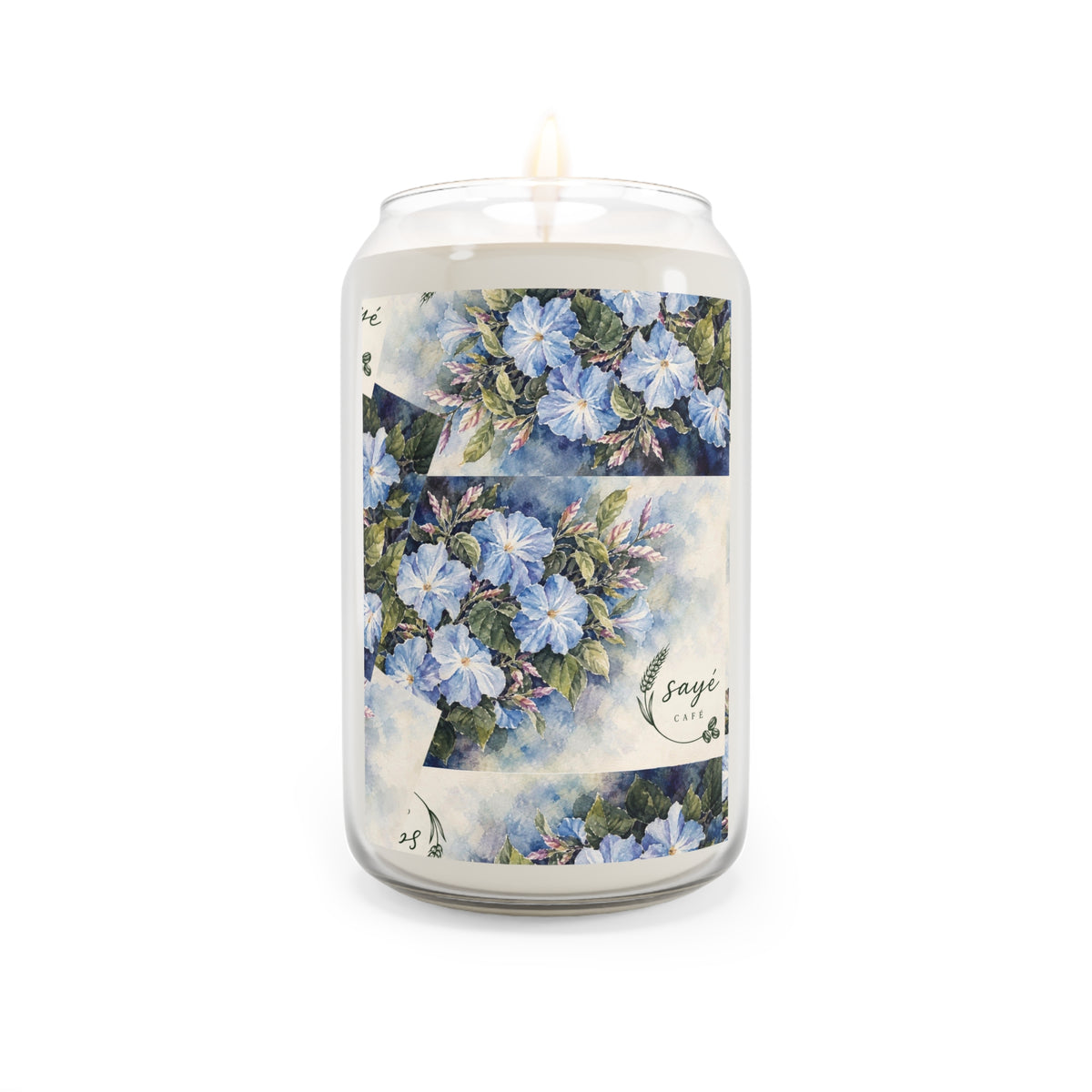 Blue Floral Soy Candle 13.75oz – Scented Jar Candle with Hand-Painted Blossoms