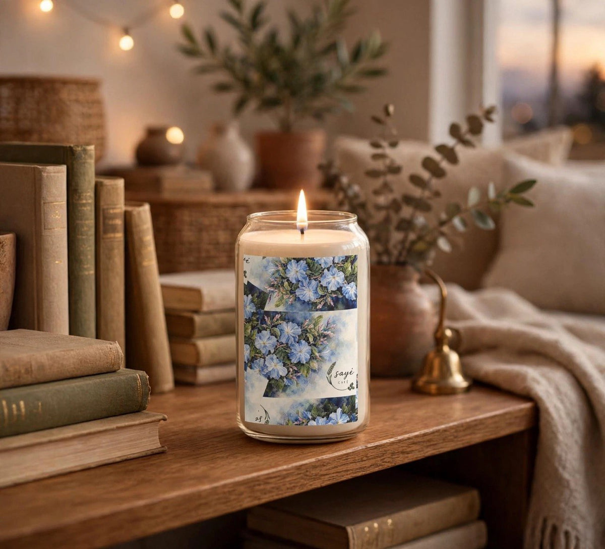 Blue Floral Soy Candle 13.75oz – Scented Jar Candle with Hand-Painted Blossoms