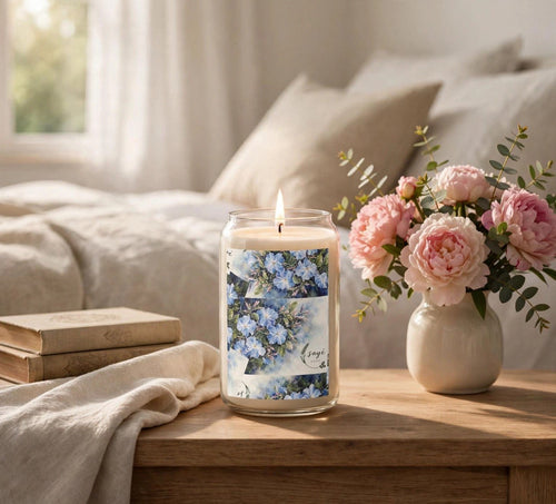 Blue Floral Soy Candle 13.75oz – Scented Jar Candle with Hand-Painted Blossoms