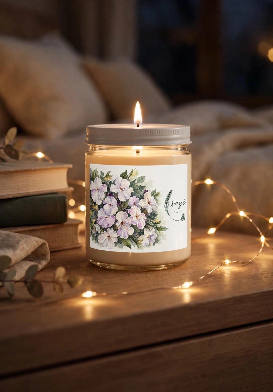 Floral Soy Candle 9oz — White Lid, Hand-Poured Scented Candle (Saye Cafe Label)