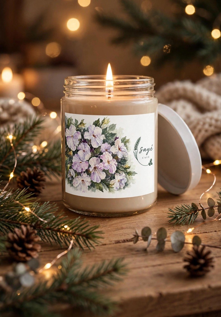 Floral Soy Candle 9oz — White Lid, Hand-Poured Scented Candle (Saye Cafe Label)