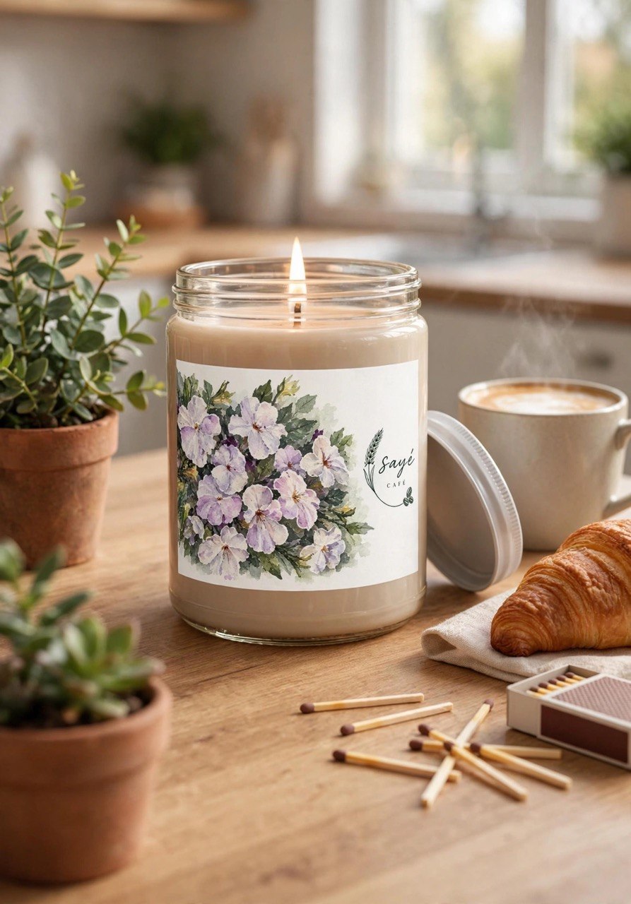 Floral Soy Candle 9oz — White Lid, Hand-Poured Scented Candle (Saye Cafe Label)