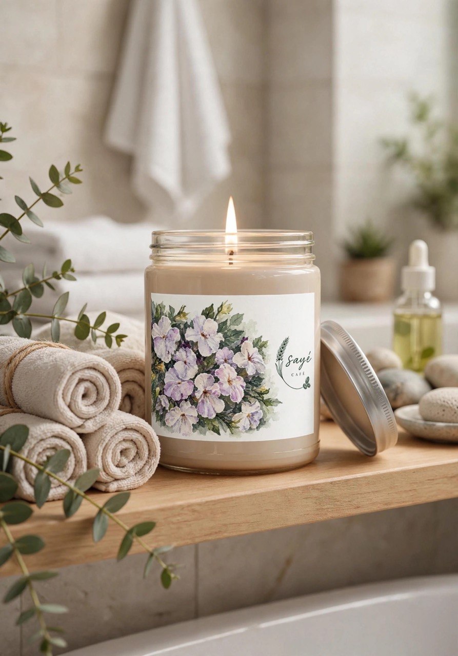 Floral Soy Candle 9oz — White Lid, Hand-Poured Scented Candle (Saye Cafe Label)