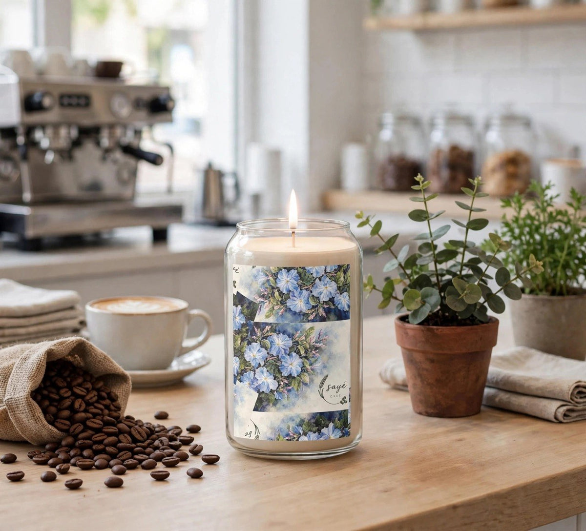 Blue Floral Soy Candle 13.75oz – Scented Jar Candle with Hand-Painted Blossoms