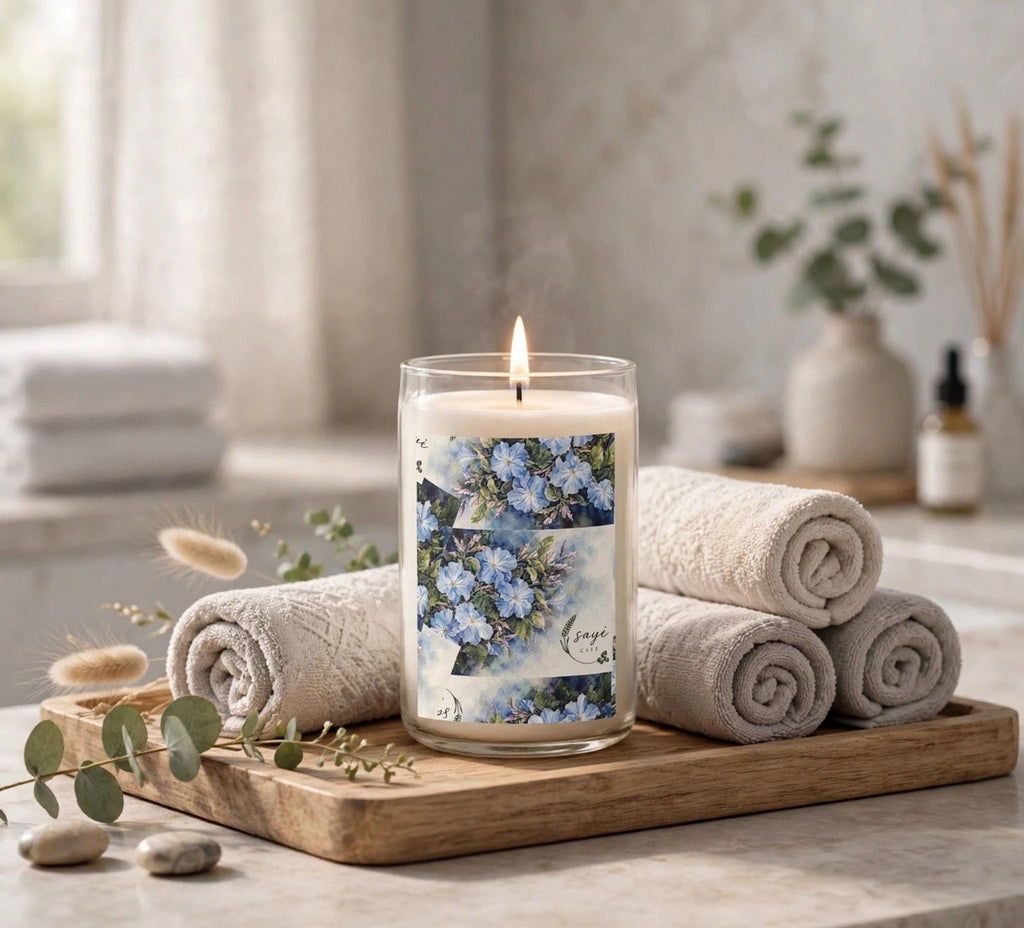 Blue Floral Soy Candle 13.75oz – Scented Jar Candle with Hand-Painted Blossoms