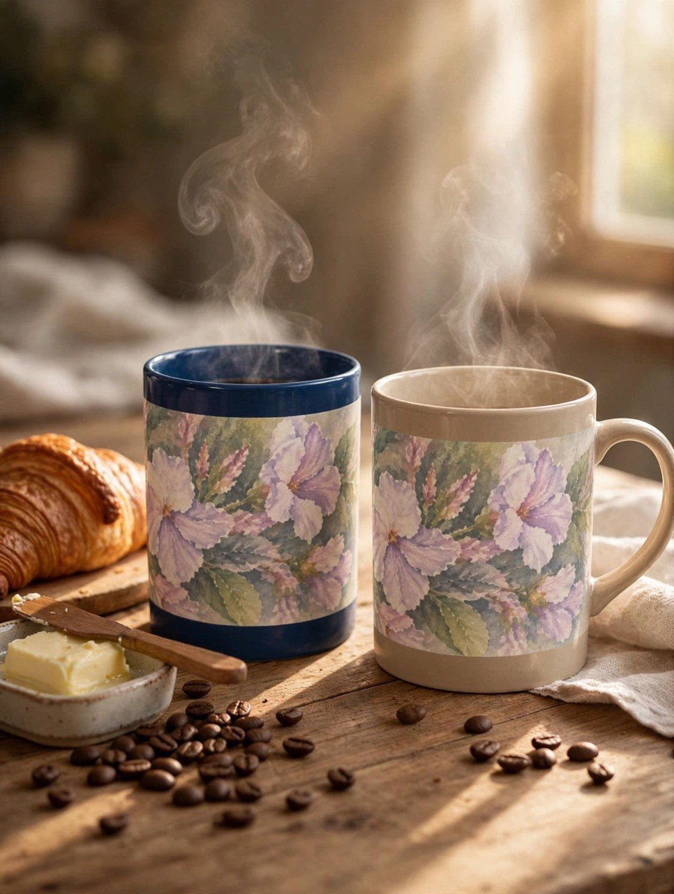 Floral Blue Hydrangea Ceramic Mug — Vintage Garden Coffee Cup