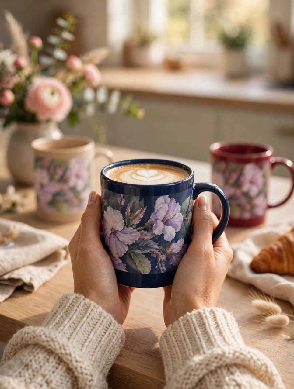 Floral Blue Hydrangea Ceramic Mug — Vintage Garden Coffee Cup