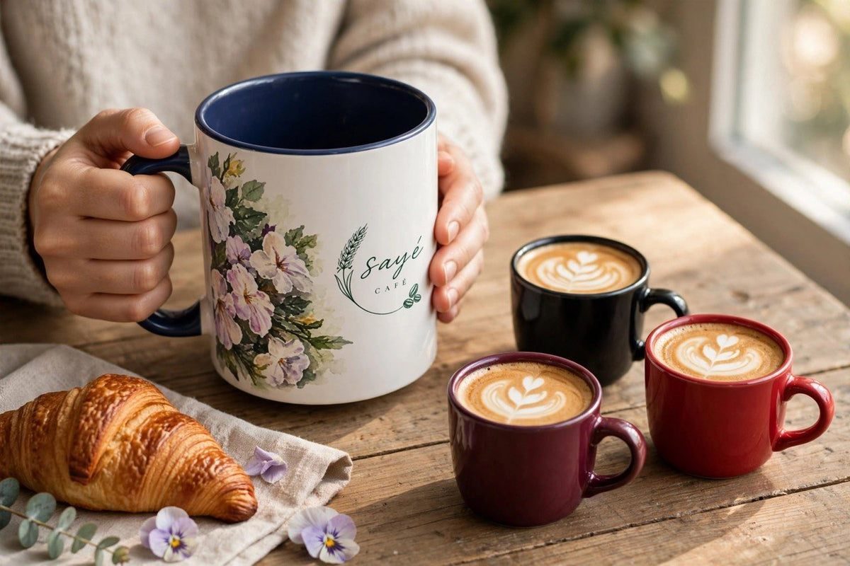 Cafe Accent Coffee Mug – Minimalist ‘Cafe Design, Neutral Beige & Coffee Bean Accent (11/15 oz)