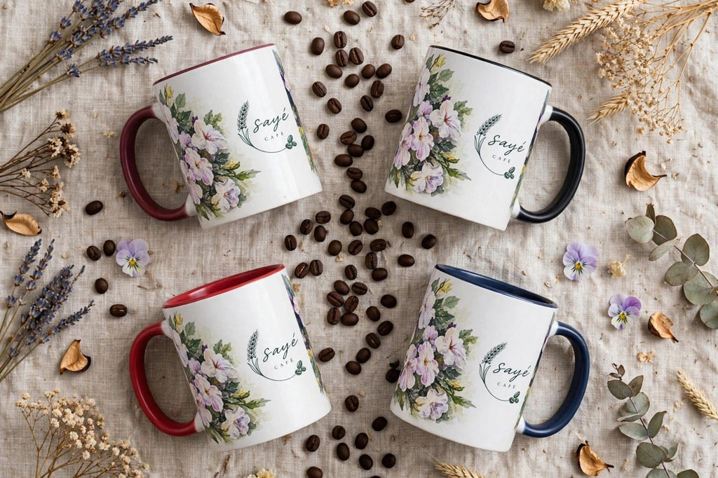 Cafe Accent Coffee Mug – Minimalist ‘Cafe Design, Neutral Beige & Coffee Bean Accent (11/15 oz)