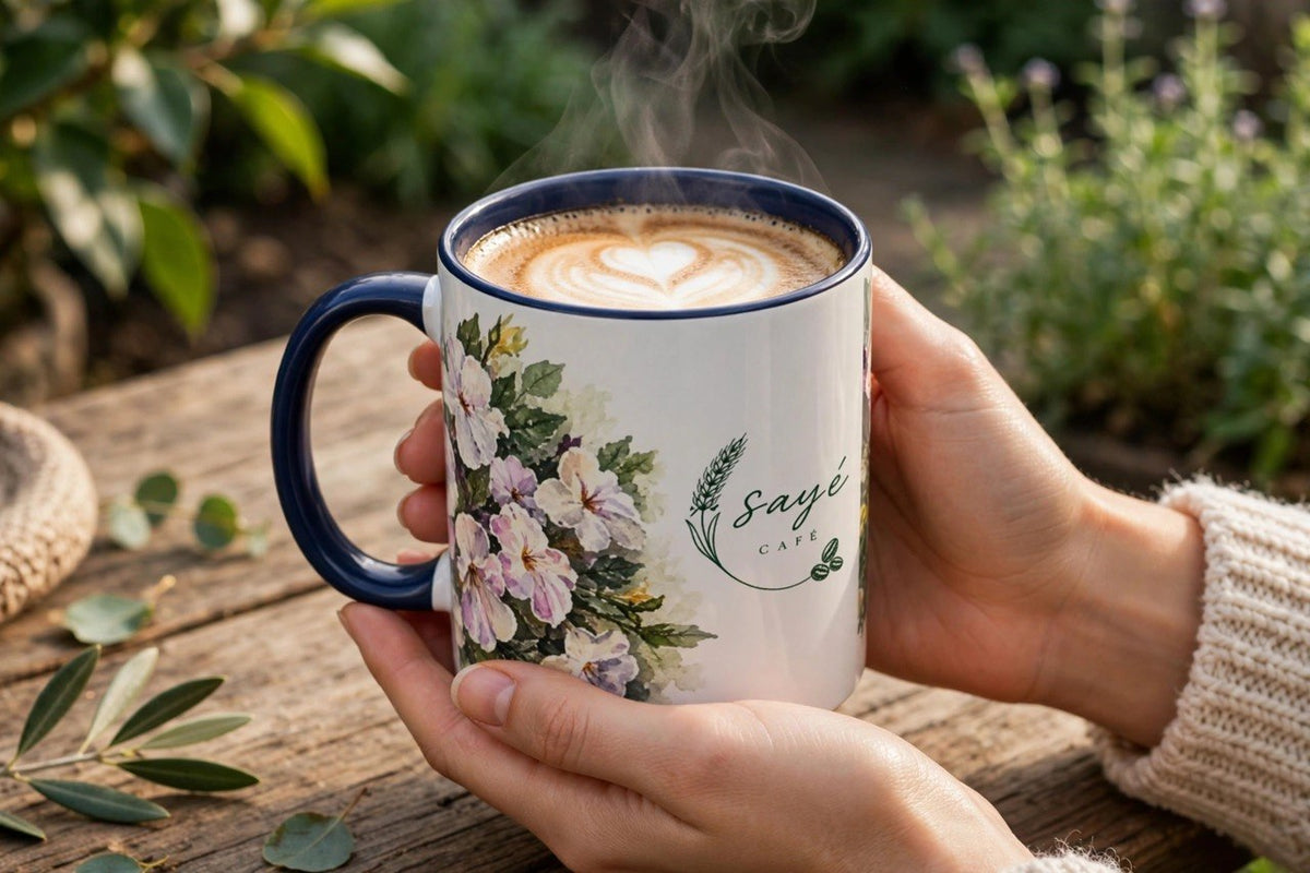 Cafe Accent Coffee Mug – Minimalist ‘Cafe Design, Neutral Beige & Coffee Bean Accent (11/15 oz)